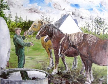 Peinture intitulée "Joël et ses chevaux" par Janine Le Cann, Œuvre d'art originale
