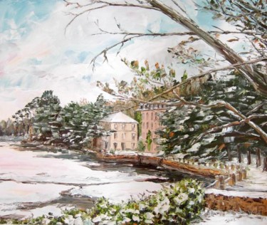 Peinture intitulée "neige au moulin mer" par Janine Le Cann, Œuvre d'art originale