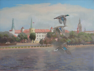 Картина под названием "Ducks Flying by Rig…" - Janis Zingitis, Подлинное произведение искусства, Масло