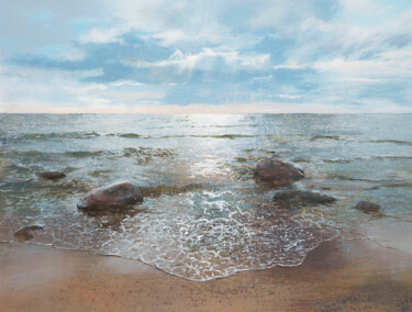 Painting titled "Silver Sea" by Janis Zingitis, Original Artwork, Acrylic Mounted on Wood Stretcher frame