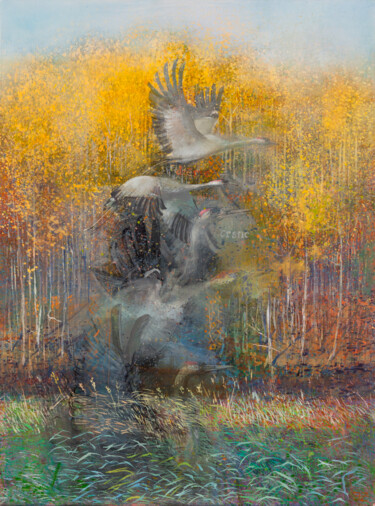 Painting titled "Day When Cranes Fly…" by Janis Zingitis, Original Artwork, Acrylic Mounted on Wood Stretcher frame