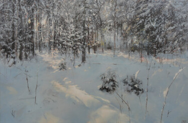 Painting titled "Forest Side in Wint…" by Janis Zingitis, Original Artwork, Oil Mounted on Wood Stretcher frame