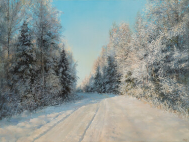 Painting titled "Road Bend in Winter" by Janis Zingitis, Original Artwork, Oil Mounted on Wood Stretcher frame