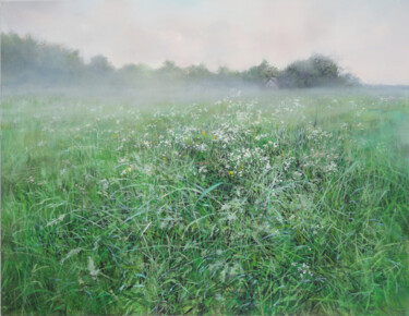 Painting titled "Meadow After Summer…" by Janis Zingitis, Original Artwork, Oil Mounted on Wood Stretcher frame