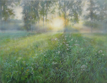 Painting titled "June Evening" by Janis Zingitis, Original Artwork, Oil Mounted on Wood Stretcher frame