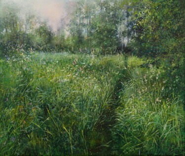 Painting titled "June Evening. Trail…" by Janis Zingitis, Original Artwork, Oil Mounted on Wood Stretcher frame