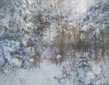 Painting titled "Winter in Forest. A…" by Janis Zingitis, Original Artwork, Oil Mounted on Wood Stretcher frame