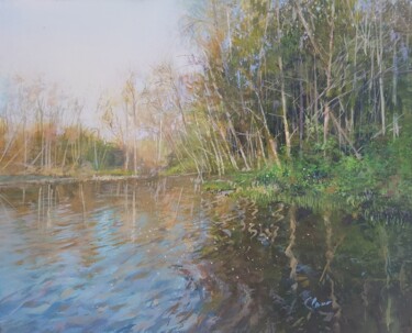 Malarstwo zatytułowany „Spring on the Lakes…” autorstwa Janis Zingitis, Oryginalna praca, Akryl Zamontowany na Drewniana ram…