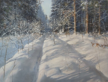 Painting titled "Forest Trail in Win…" by Janis Zingitis, Original Artwork, Oil Mounted on Wood Stretcher frame