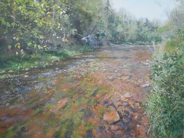 Painting titled "Amata River in The…" by Janis Zingitis, Original Artwork, Oil Mounted on Wood Stretcher frame