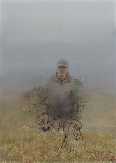 Schilderij getiteld "Farmer in Fog" door Janis Zingitis, Origineel Kunstwerk