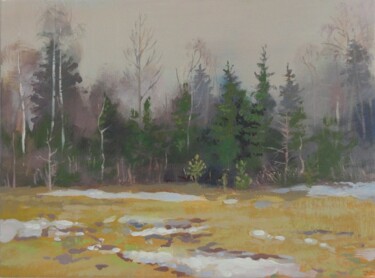 Painting titled "The Last Snow in Ap…" by Janis Zingitis, Original Artwork, Oil