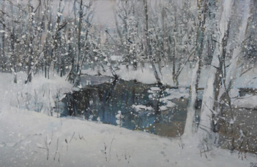 Painting titled "Brook in Winter. So…" by Janis Zingitis, Original Artwork, Oil