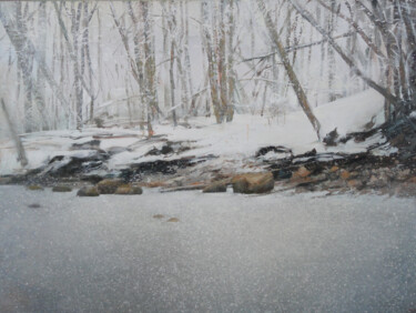 Painting titled "Thin Ice on Aviekst…" by Janis Zingitis, Original Artwork, Acrylic