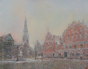 Pittura intitolato "Snow in Riga Old To…" da Janis Zingitis, Opera d'arte originale, Olio