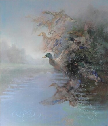 Картина под названием "Disturbed Ducks" - Janis Zingitis, Подлинное произведение искусства, Масло