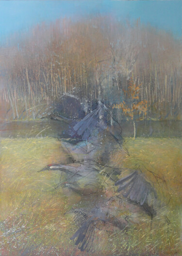 Painting titled "Cry of Grey Crane" by Janis Zingitis, Original Artwork, Oil