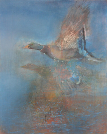 Peinture intitulée "Mallard Ducks at Ni…" par Janis Zingitis, Œuvre d'art originale, Huile