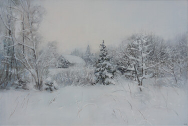 Painting titled "Farm in December" by Janis Zingitis, Original Artwork, Oil