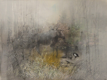 Peinture intitulée "Forest. Moose on th…" par Janis Zingitis, Œuvre d'art originale, Huile