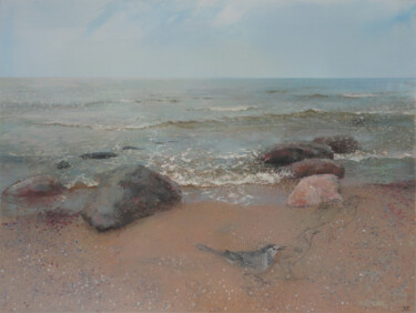 Peinture intitulée "Wagtail on the Beach" par Janis Zingitis, Œuvre d'art originale, Huile