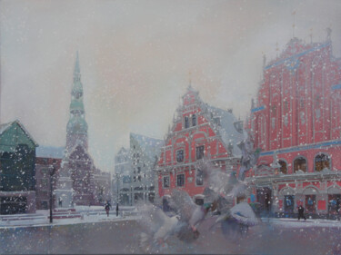 Pittura intitolato "First Snow in Riga…" da Janis Zingitis, Opera d'arte originale, Olio
