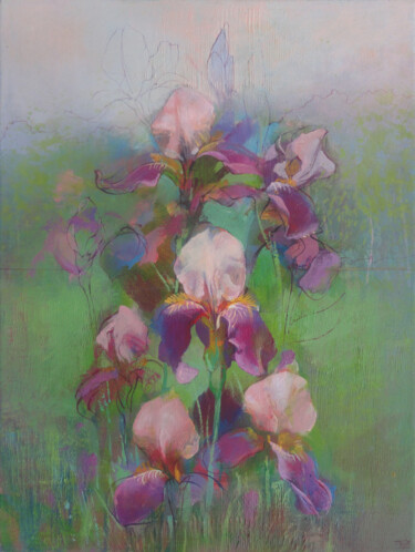 Painting titled "Irises in the Garden" by Janis Zingitis, Original Artwork, Oil