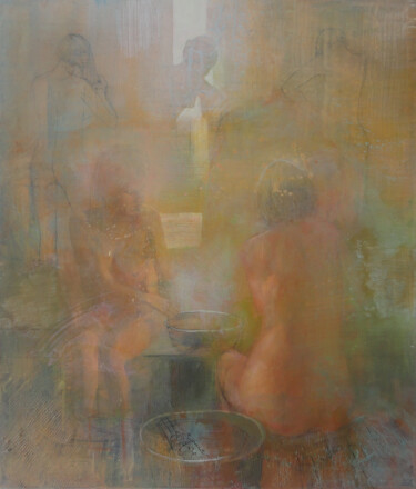 Malerei mit dem Titel "In the Bath House" von Janis Zingitis, Original-Kunstwerk, Acryl