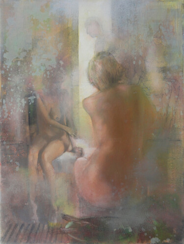 Painting titled "Bath House Scene (3…" by Janis Zingitis, Original Artwork, Oil