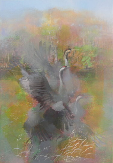 Schilderij getiteld "Voices of Cranes in…" door Janis Zingitis, Origineel Kunstwerk, Acryl