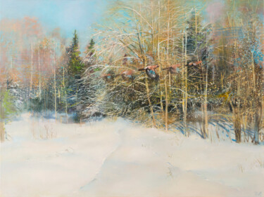 Malerei mit dem Titel "Woodside in Winter" von Janis Zingitis, Original-Kunstwerk, Öl