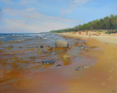 Painting titled "Baltic Sea. Rocks o…" by Janis Zingitis, Original Artwork, Oil Mounted on Wood Stretcher frame