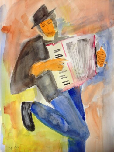 Painting titled "accordionist" by Janna Shulrufer, Original Artwork, Watercolor