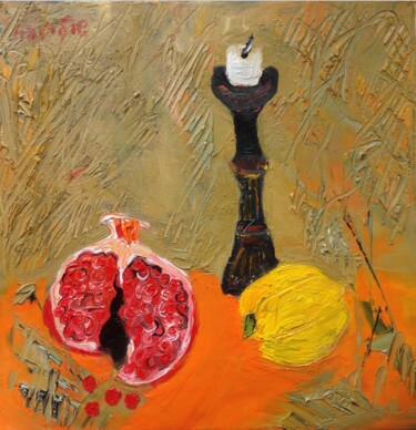 Painting titled "still life with pom…" by Janna Shulrufer, Original Artwork, Oil