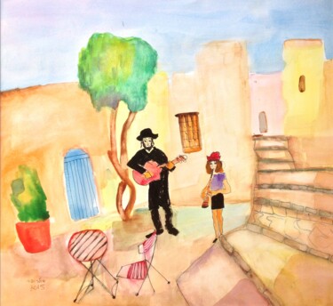 Painting titled "klezmers in safed" by Janna Shulrufer, Original Artwork, Watercolor