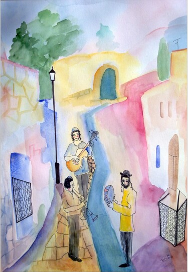 Painting titled "klezmers in Safed 4" by Janna Shulrufer, Original Artwork, Watercolor