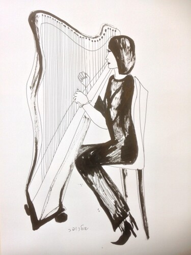 Tekening getiteld "harpist" door Janna Shulrufer, Origineel Kunstwerk, Inkt Gemonteerd op Karton