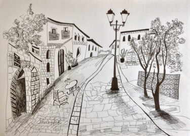 Drawing titled "street in Zefat" by Janna Shulrufer, Original Artwork, Gel pen