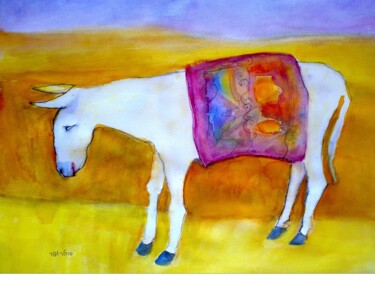 Painting titled "the white donkey" by Janna Shulrufer, Original Artwork, Watercolor