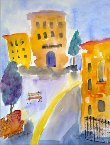 Painting titled "Street in Safed 2" by Janna Shulrufer, Original Artwork, Watercolor