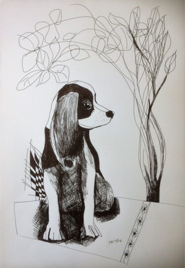 Рисунок под названием "Dog and tree" - Janna Shulrufer, Подлинное произведение искусства, Гелевая ручка