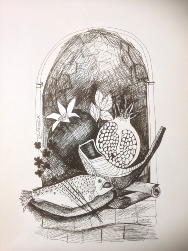 Drawing titled "still life with sho…" by Janna Shulrufer, Original Artwork, Ink