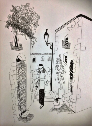 Dessin intitulée "musician in the str…" par Janna Shulrufer, Œuvre d'art originale, Encre