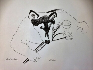 Рисунок под названием "dog with flowers" - Janna Shulrufer, Подлинное произведение искусства, Гелевая ручка