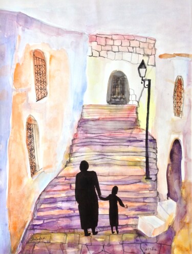 「Stairs in Safed(2)」というタイトルの絵画 Janna Shulruferによって, オリジナルのアートワーク, 水彩画