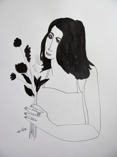 Σχέδιο με τίτλο "girl with flowers" από Janna Shulrufer, Αυθεντικά έργα τέχνης, Γέλη στυλό