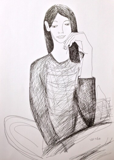 Рисунок под названием "portrait of sitting…" - Janna Shulrufer, Подлинное произведение искусства, Гелевая ручка