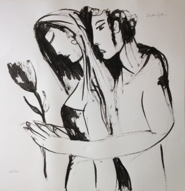 Drawing titled "lovers with flower" by Janna Shulrufer, Original Artwork, Ink