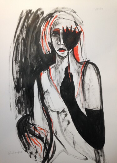 Drawing titled "lady with flower" by Janna Shulrufer, Original Artwork, Ink