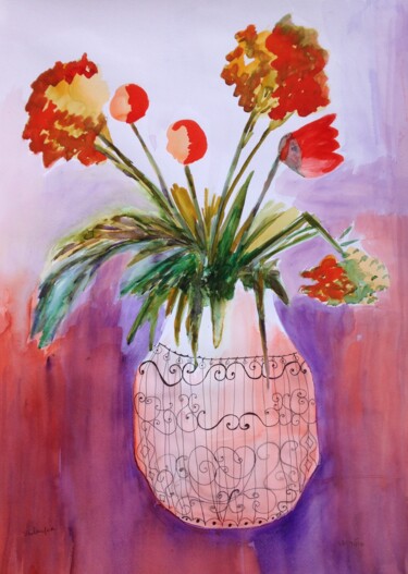 Disegno intitolato "still life with vase" da Janna Shulrufer, Opera d'arte originale, Acquarello